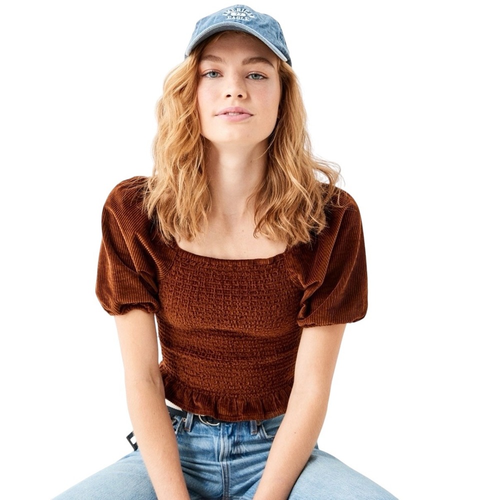 American Eagle Smocked Velour Corduroy Crop Top L Brown Puff Sleeve Square Neck